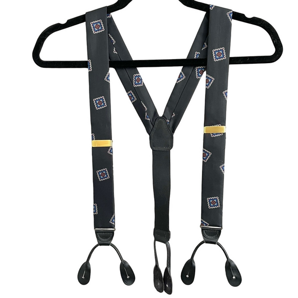 Vintage Black Paisley Print Silk Button Braces Suspenders - One Size - Picture 1 of 8